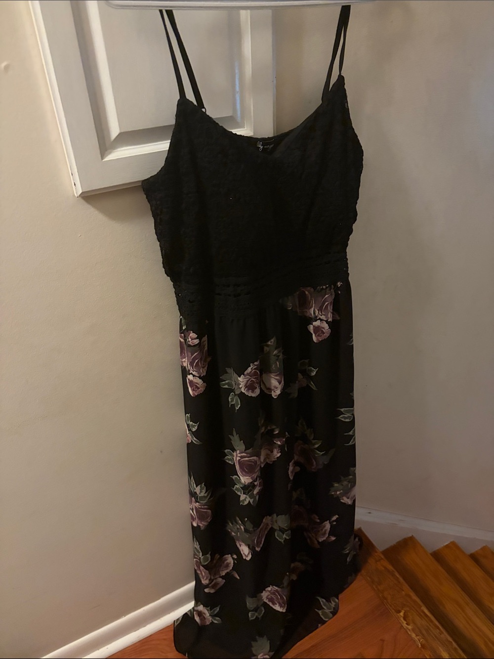 Black Floral Lace Bodice Maxi Dress with Purple Rose Print